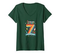 7 est Mon Chiffre Porte-Bonheur Joyeux Anniversaire Space Adventure T-Shirt avec Col en V, Femme, Vert Forêt, L