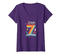 7 est Mon Chiffre Porte-Bonheur Joyeux Anniversaire Space Adventure T-Shirt avec Col en V, Femme, Violet, L