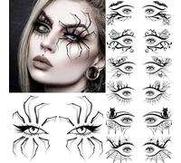 7 feuilles de fard à paupières Halloween Tatouages temporaires pour femme, homme, enfant, adulte, yeux d'Halloween, visage 3D, toile d'araignée, tatouage, chat, zombie, tête de mort, chauve-souris