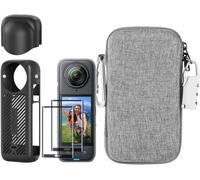 7 in 1 Accessory Kit Compatible with Insta360 X4 [Camera Silicone Case & Lens Cap] [2 Screen Protectors] [Outdoor Carrying Case with Carabiner Hook], Grey / Black, Modern
