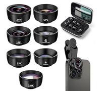 7 in 1 Kit Objectif Telephone, Objectif Fisheye Grand Angle 210°, Objectif Macro 120° (25x), Filtre Étoile, Téléobjectif, Filtre CPL/Étoile, Compatible avec iPhone Plupart des Smartphones