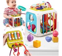 7 in 1 Montessori Sensoriel Jouets pour Bébé, Trieur de Formes, Cube d'activité Avec xylophone, Jouet de Corde à Tirer pour Enfants