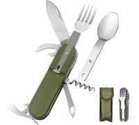7 In 1 Stainless Steel Camping Cutlery-Multifunctional Folding Kit With Belt Case,Survival Utensils For Hiking,Picnic,Travel (Army Green)