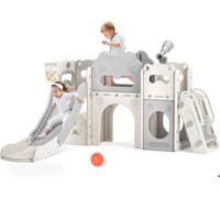 7 in 1 Toboggan et balançoire Toboggan autoportant pour Enfant, avec Panier Basket, boîte Rangement et grimpeur pour Tout-Petits