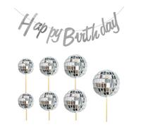 7 Morceaux De Boules Disco, 1 Morceau De Drapeau D'Anniversaire, Décoration De Gâteau Boule Disco, Boules De Décoration De Gâteau, Fournitures De Décoration De Fête À Thème