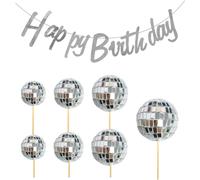 7 Morceaux De Boules Disco,1 Morceau De Drapeau D'anniversaire,Décoration De Gâteau Boule Disco,Boules De Décoration De Gâteau,Fournitures De Décoration De Fête À Thème