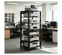7 Niveaux Meuble HiFi, Meuble Imprimante avec roulettes Et Étagères De Rangement Support Multimédia avec Hauteur Réglable for La Maison, Le Bureau Ou Le Home Cinéma(Noir)