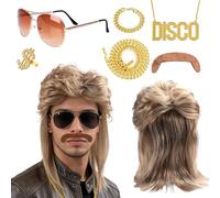 7 PCS Perruque Mulet Homme Années 80s 90s,Accessoires Hippie Costume,Deguisement Disco Homme avec perruque homme,Lunettes de Soleil,Fausse Barbe,Collier,Bracelet,Bague dollar,pour Carnaval,Cosplay