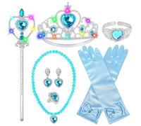 7 Pcs Princesse Dress Up Accessoires Filles Lumineux, Bijoux pour Enfants avec Couronne Princesse Baguette Magique Collier Gants Boucles d'Oreilles Bague Bracelet, pour Anniversaire Halloween Cosplay