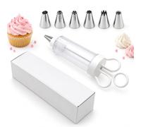 7-Piece Cake Decorating Gun, Icing Syringe with 6 Stainless Steel Tips (L) | 7-piece decorating kit with clear PP barrel, three-ring handle and 6 stainless steel tips for piping, filling and decorating