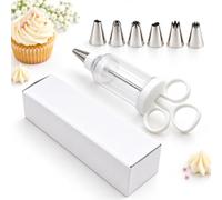 7-Piece Cake Decorating Gun, Icing Syringe with 6 Stainless Steel Tips (S) | 7-piece decorating kit with clear PP barrel, three-ring handle and 6 stainless steel tips for piping, filling and decorating