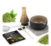 7 Piece Matcha Set, Fouet Matcha, Macha Tea Set with Matcha Spoon, Whisk Holder, Matcha Balai, Shovel, Strainer, Matcha Kit Traditional Japanese Tea Ceremony Best Gift for Lovers, Noir moucheté