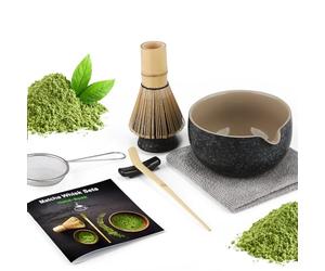 7 Piece Matcha Set, Fouet Matcha, Macha Tea Set with Matcha Spoon, Whisk Holder, Matcha Balai, Shovel, Strainer, Matcha Kit Traditional Japanese Tea Ceremony Best Gift for Lovers, Noir moucheté