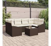7-Piece Outdoor Patio Furniture Set, Brown and Cream Poly Rattan Sectional Sofa with Glass Coffee Table, Modular Garden Seating for Terrace, Durable Weather-Resistant All-Weather Lounge Set