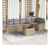 7-Piece Outdoor Patio Furniture Set, Modular Garden Sofa Sectional with Adjustable Coffee Table, Beige and Light Grey, All-Weather Wicker Rattan & Acacia Wood for Terrace, Balcony, Backyard