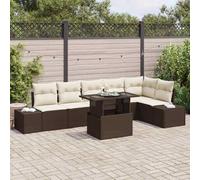 7-Piece Outdoor Patio Furniture Set, Modular Garden Sofa with Cushions, Brown and Cream, Includes Coffee Table, Weather-Resistant Poly Rattan & Powder-Coated Steel Frame Terrace, Backyard, Poolside