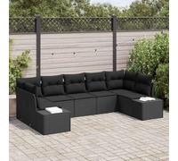 7-Piece Outdoor Patio Sofa Set Modular Sectional Garden Furniture, Black Poly Rattan Wicker with Acacia Wood & Waterproof Cushions, All-Weather Durable Lounge Set for Backyard, Poolside, Terrace