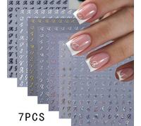 7 pièces Autocollants d'ongles gothiques, décalcomanies de caractères en anglais ancien de couleurs mélangées blanc, noir, argent. Ensemble de décorations pour manucure DIY Nail Art PET