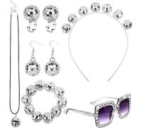 7 Pièces Boucles d'Oreilles Paillettes Kit, Argent Disco Accessoires avec Bague Discothèque, Collier, Bandeau, Bracelet et Lunettes, Disco Bijoux Accessoires Bar Party pour Femmes