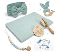 7 Pièces Cadeau Naissance Bébé, Coffret Naissance Fille Garcon avec Serviette Bain Bébé en Coton Bio, Brosse Bébé, Anneau de Dentition Bois, Cadeau Baby Personnalisé Baby Shower (Lac Bleu)