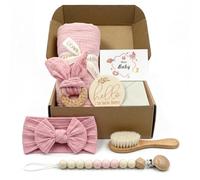 7 Pièces Cadeau Naissance Bébé, Coffret Naissance Fille Garcon avec Serviette Bain Bébé en Coton Bio, Brosse Bébé, Anneau de Dentition Bois, Cadeau Baby Personnalisé Baby Shower (Rose)