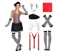 7 pièces costume de mime pour femme, accessoires de costume de mime avec béret basque, bretelles rouges, chemise rayée, gants, tatouage facial Pierrot français pour Halloween, carnaval, carnaval de cl