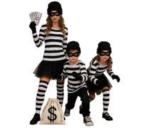 7 Pièces Costume de Voleur de Banque Enfant, Deguisement Prisonnier,Deguisement Braqueur,avec Jupe Voleurs Masque Gants Sac D'argent Chaussettes Chapeau T-shirt Pour cosplay de carnaval