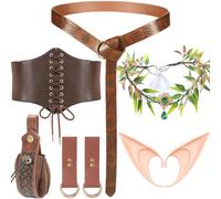 7 Pièces Costume Medieval Set pour Hommes Femmes, Costume d'elfe de La Renaissance Kit avec Ceinture Sac Banane Corset Oreilles d'elfe Couronne de Fleurs Couronne et Porte-clés pour Halloween Cosplay