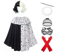7 Pièces Cruella Deguisement Femme, Perruque Noire et Blanche Diable Kit avec Cape Perruque Gants Masque Collier Bracelet Cigarettes Bracelet pour carnaval et fête à thème