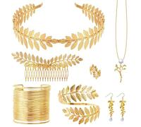 7 Pièces Déesse Grecque Costume, Couronne de Laurier, Bracelet Manchette, Boucles d'Oreilles Perle, Peigne À Cheveux Latéral, Bague, Collier et Bracelet Bras, Parure de Bijoux Femme pour Mariage