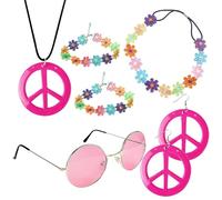 7 Pièces Déguisement Hippie Femme,Costumes De Deguisement Hippie,Années 60 70 Accessoires Hippie Set, Collier et Boucles d'Oreilles Signe de Paix, Lunettes de Soleil, Bandeau et Bracelet De Fleurs