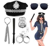 7 Pièces Ensemble D'accessoires de Déguisement de Police,Casquette de police, menottes, insigne de police, matraque, cravate, lunettes noires, clés, costume de carnaval, accessoires de police