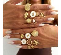 7 pièces Ensemble de bagues style bohème de vacances aléatoires avec gouttes d'huile, étoile de mer, coquillage, conque, bagues empilables en alliage océan, style fille cool et sexy, cadeau de vacance