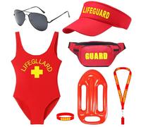 7 Pièces Ensemble de Costumes de Baywatch, Set de Accessoires Déguisement de Sauveteur avec Body Bonnet Planche Gonflable Sac Lunettes Sifflet Bracelet pour Homme Femme Plage Piscine Halloween Cosplay