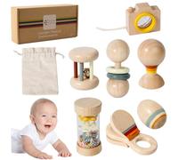 7 pièces/ensemble hochet en bois naturel biologique pour bébé avec bâton de pluie, clochette à main, boule de sable et plus encore, jouets d'anniversaire Montessori en bois pour garçons et filles p