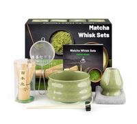 7 Pièces Matcha kit ceremonie japonais, Fouet matcha en bambo, bol matcha, Pelle en bambo, Porte-Fouet, kit matcha complet, Coffret matcha, Tamis, serviette à thé, Fileté vert