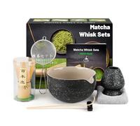 7 Pièces Matcha kit ceremonie japonais, Fouet matcha en bambo, bol matcha, Pelle en bambo, Porte-Fouet, kit matcha complet, Coffret matcha, Tamis, serviette à thé, Bol Noir