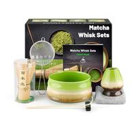 kurkip 7 Pièces Matcha kit ceremonie japonais, Fouet matcha en bambo, bol matcha, Pelle en bambo, Porte-Fouet, kit matcha complet, Coffret matcha, Tamis, serviette à thé, Bol Vert