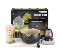 7 Pièces Matcha kit ceremonie japonais, Fouet matcha en bambou naturel, bol matcha, cuillère à thé, Porte-Fouet, kit matcha complet, Coffret matcha, pour la cérémonie du thé, la boisson - Noir Rocky