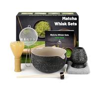 7 Pièces Matcha kit ceremonie japonais, Fouet matcha en Résine Jaune, bol matcha, Pelle en bambo, Porte-Fouet, kit matcha complet, Coffret matcha, Tamis, serviette à thé, Bol Noir