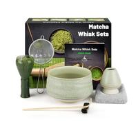 7 Pièces Matcha kit ceremonie japonais, Vert Fouet matcha en résineux, bol matcha, cuillère à thé, Porte-Fouet, Coffret matcha, pour la cérémonie du thé, la boisson - Glace craquelée/vert