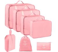 7 Pièces Organiseurs de Bagage pour Voyage, Organisateur Valise Packing Cubes, Voyage Imperméable Set, pour Vêtements Sous-vêtements, Chaussures et Cosmétiques(Rose)