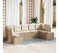 7 Pieces Patio Furniture Set, Outdoor Modular Sofa Sectional with Cushions, All-Weather Wicker Rattan and Acacia Wood Frame, Beige Cream Modern Garden Lounge Set for Poolside Backyard Balcony