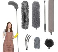 7 Pièces Plumeau Telescopique, Plumeau Poussiere,Plumeau Long Flexible en Microfibre avec Manche Télescopique en Acier Inoxydable Extensible à 2.2m, Balai Toile d'Araignée pour Plafonds,Meubles,Stores