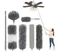 7 Pièces Plumeau Telescopique,Tete de Loup Longueur Maximale 256cm, Lavable Microfibre,Plumeau Poussiere Telescopique pour Plafonds, Convient pour Les plafonds, Gris