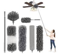7 Pièces Plumeau Telescopique,Tete de Loup Longueur Maximale 256cm, Lavable Microfibre,Plumeau Poussiere Telescopique pour Plafonds