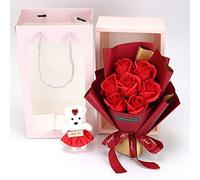 7 Pièces Savon Parfumé Rose Fleur Bouquet de Roses Artificielles avec Boîte Cadeau et Ours en Peluche Rose Fleur de Savon pour Saint Valentin,Fête des Mères,Anniversaire,Noël Cadeau romantique(Rouge)