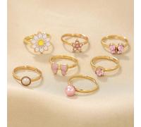 7 pièces/set Bagues ouvertes réglables pour adolescents avec couronne, marguerite, nœud, étoile, papillon, dorées, bijoux Taille UniqueAlliage de zinc
