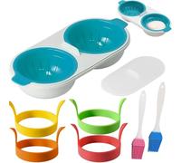 7 Pièces Tasses à Doubles Pocheuse à œUfs Kit, Cuiseur à œUfs avec Pinceau, Fabricant d'Omelettes, Chaudière à œUfs Bleu, Cuiseur à Oeufs Micro-Ondes rn PP pour Fours, Cuisine, Petit-Déjeuner