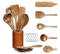 7 Pièces Ustensiles en Bois de Teck, Ustensiles de cuisine bois avec Pelle à pizza, fourchette salade, louche, spatule, cuillère pâtes, support, récipient et crochets